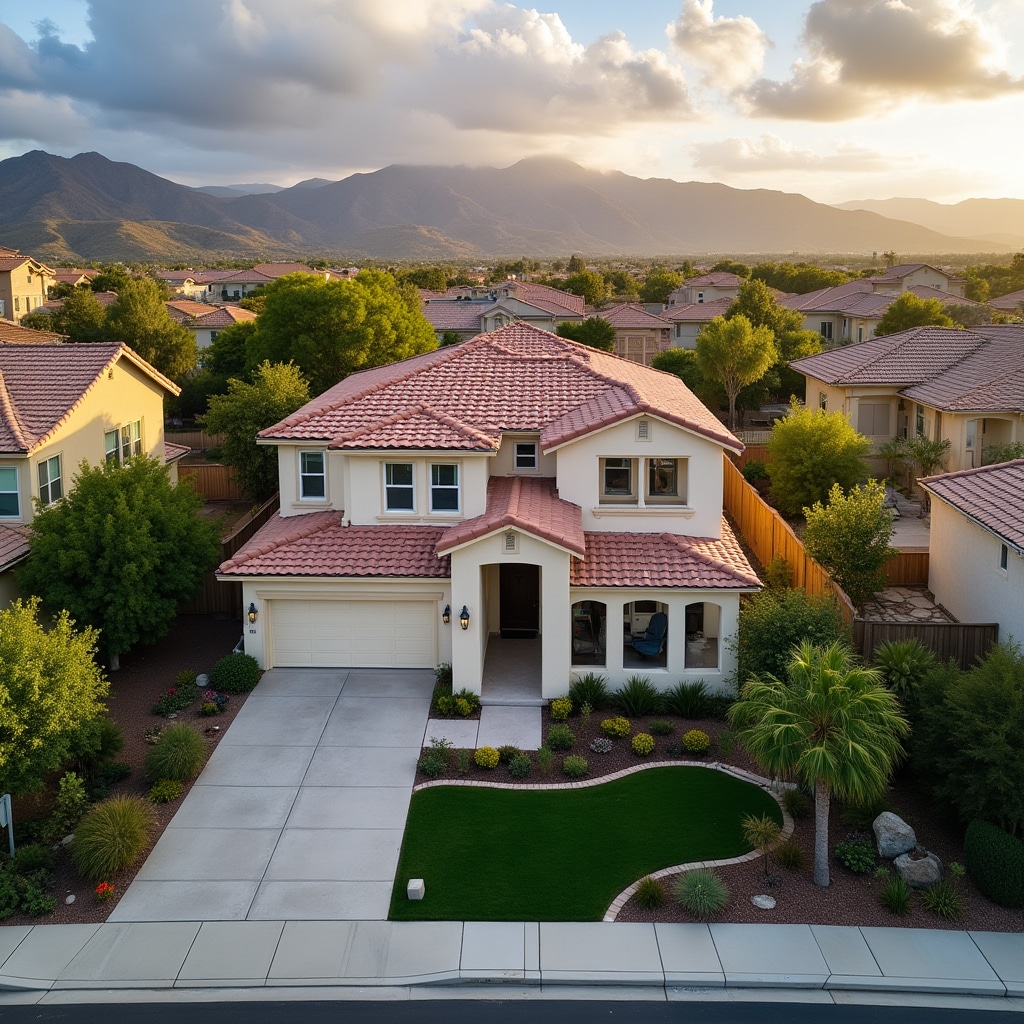 Aerial drone view of residential property showing surrounding landscape and property boundaries