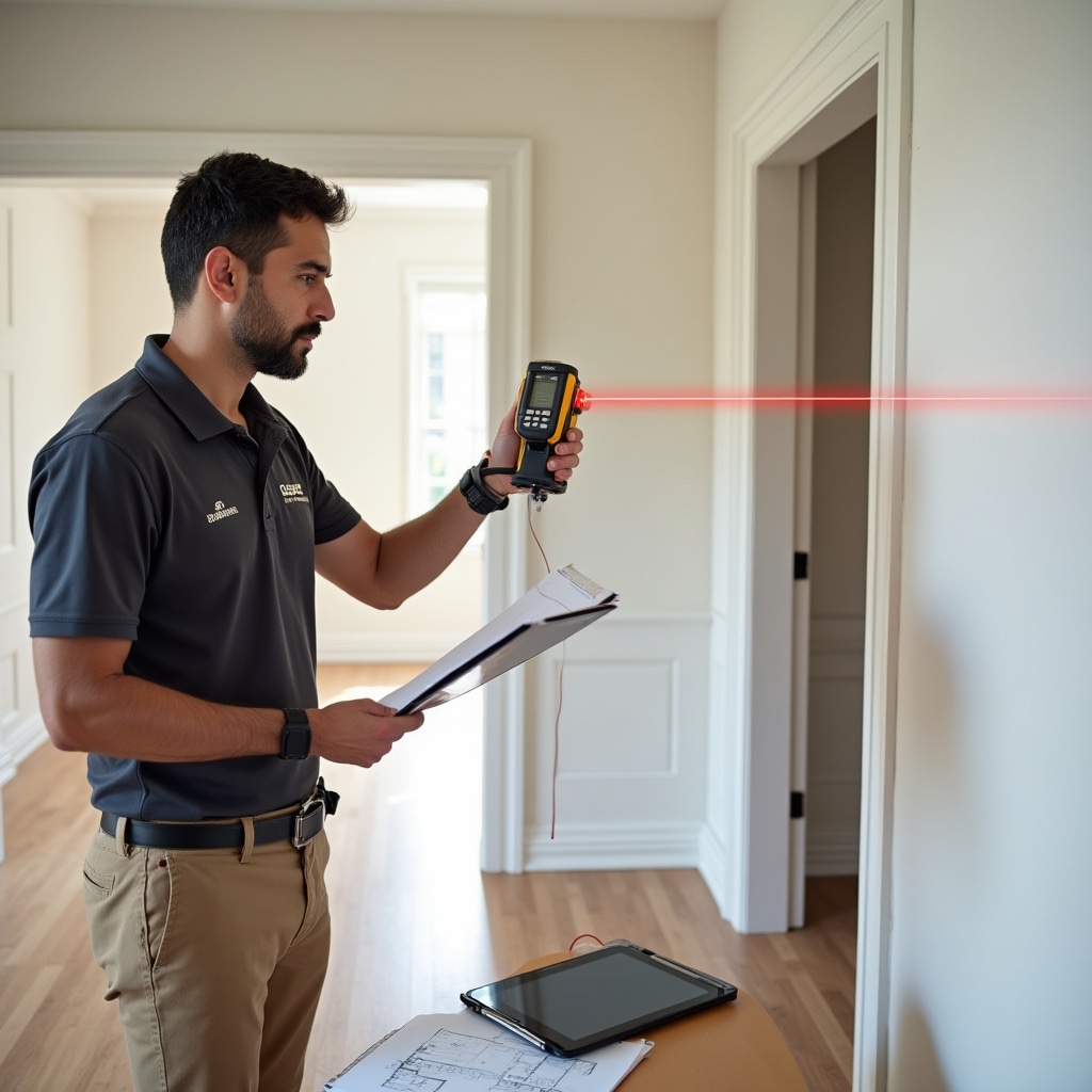 Professional measuring residential property interior with laser measurement tool for accurate floor plan