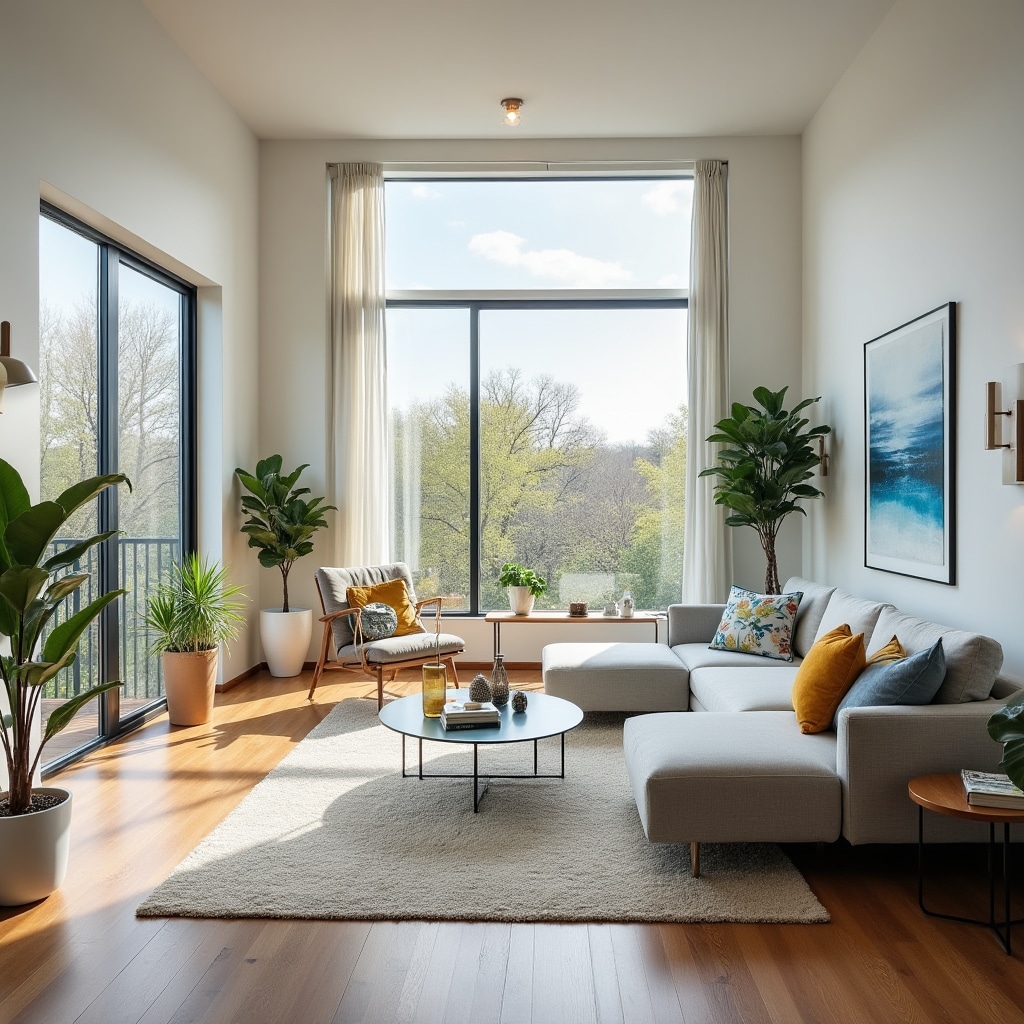 Modern living room with professional photography showing natural light and spatial layout