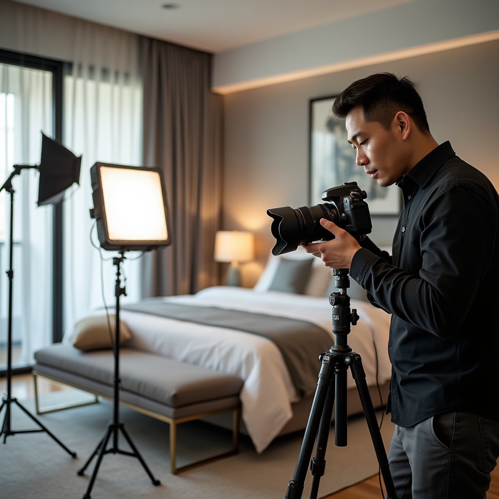 Professional photographer capturing interior property images with professional lighting equipment and DSLR camera