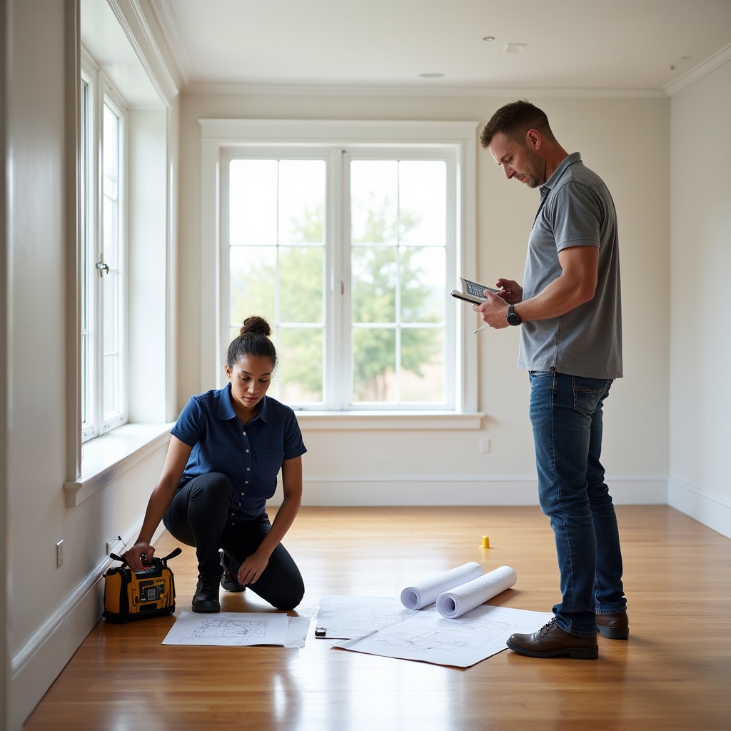 Property documentation team conducting precise measurements and photography in modern residential space